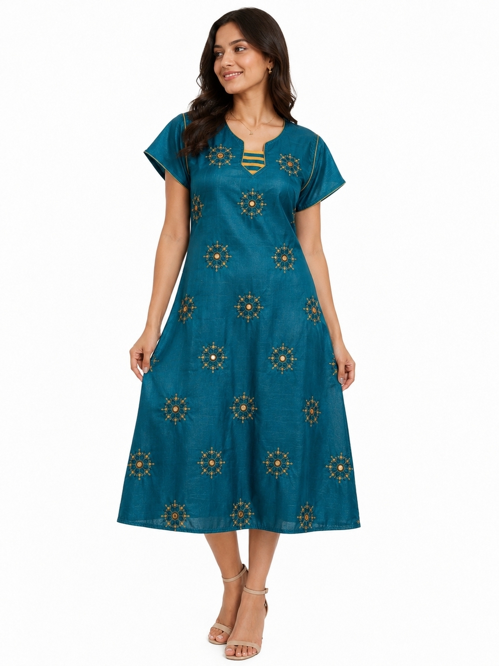 Made in India Teal Embroidered Boho Midi Dress